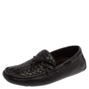 Pre Owned Bottega Veneta Black Intrecciato Leather Bow Slip On Loafers Size 41