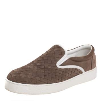 Pre Owned Bottega Veneta Brown Intrecciato Suede Slip On Sneakers Size 41