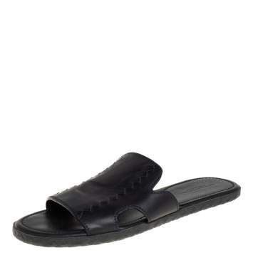 Pre Owned Bottega Veneta Black Leather Flat Slides Size 44