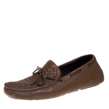 Pre Owned Bottega Veneta Brown Intrecciato Leather Bow Slip On Loafers Size 43