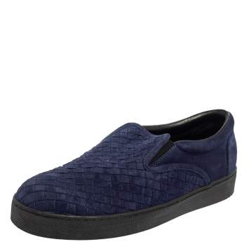 Pre Owned Bottega Veneta Navy Blue Intreciato Suede Slip on Sneakers Size 44