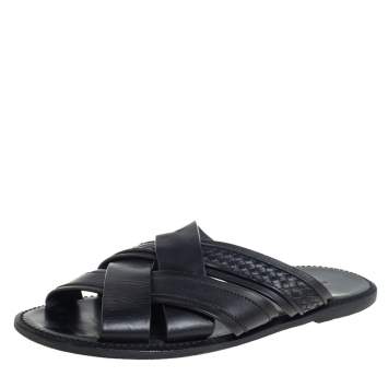 Pre Owned Bottega Veneta Black Intrecciato Leather Slide Sandals Size 42
