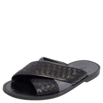 Pre Owned Bottega Veneta Black Intrecciato Leather Cross Strap Flat Slides Size 42