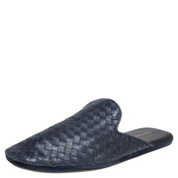 Pre Owned Bottega Veneta  Blue Intrecciato Leather Fiandra Mules Size 42