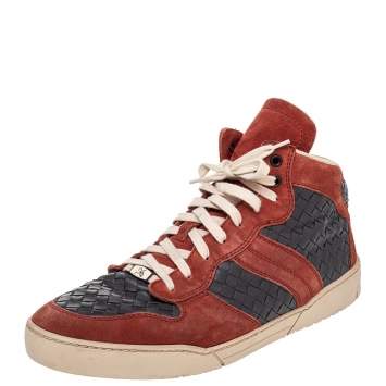 Pre Owned Bottega Veneta Red/Grey Suede And Intrecciato Leather High Top Sneakers Size 43
