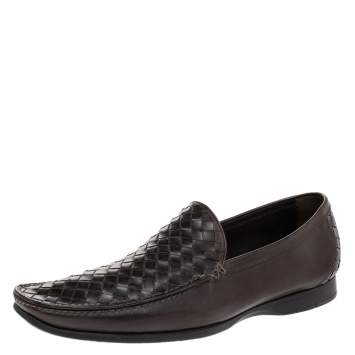 Pre Owned Bottega Veneta Brown Intrecciato Leather Slip On Loafers Size 41