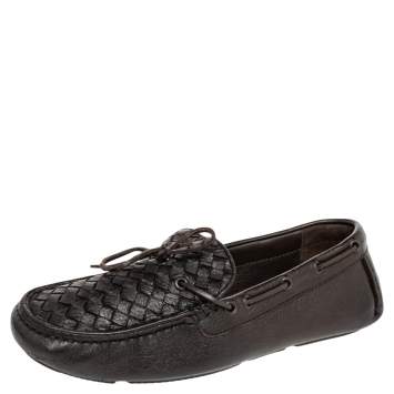 Pre Owned Bottega Veneta Dark Brown Intrecciato Leather Bow Slip On Loafers Size 41