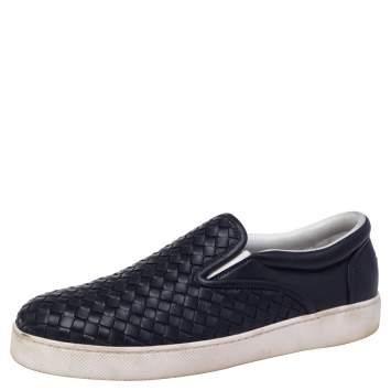 Pre Owned Bottega Veneta Navy Blue Intrecciato Leather Dodger Slip-on Sneakers Size 42