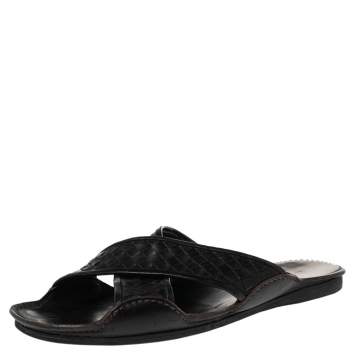 Pre Owned Bottega Veneta Black Intrecciato Leather Cross Strap Flat Slides Size 42