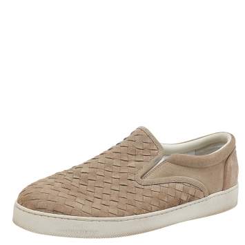 Pre Owned Bottega Veneta Beige Intrecciato Suede Slip on Sneakers Size 44