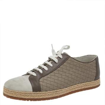 Pre Owned Bottega Veneta Brown/Grey Intrecciato Leather And Suede Cap Toe Espadrille Low Top Sneakers Size 41