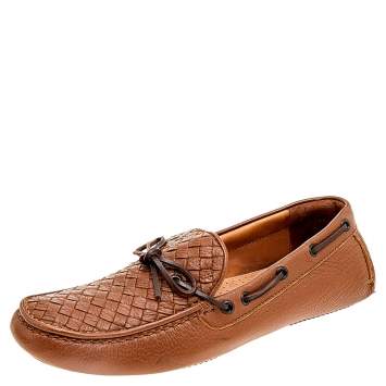 Pre Owned Bottega Veneta Tan Intrecciato Leather Cervo Wave Driver Bow Slip On Loafers Size 42