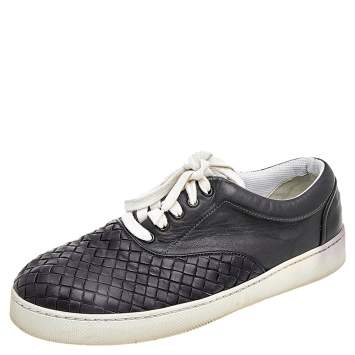 Pre Owned Bottega Veneta Dark Blue/Black Intrecciato Leather Low Top Sneakers Size 42