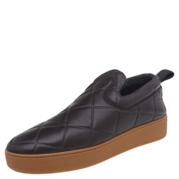 Pre Owned Bottega Veneta Brown Quilted Leather Slip On Sneakers Size 45