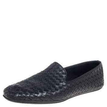 Pre Owned Bottega Veneta Black Intrecciato Leather Smoking Slippers Size 44