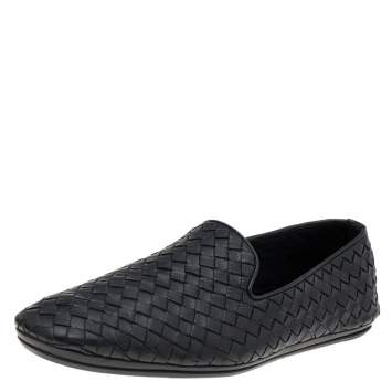 Pre Owned Bottega Veneta Black Intrecciato Leather Bow Slip On Loafers Size 40