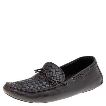 Pre Owned Bottega Veneta Dark Brown Intrecciato Leather Bow Slip On Loafers Size 45