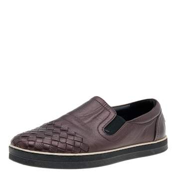 Pre Owned Bottega Veneta Metallic Brown Intrecciato Leather Slip On Sneakers Size 36