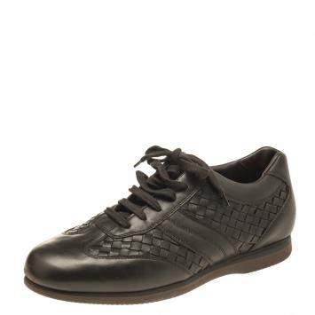 Pre Owned Bottega Veneta Dark Brown Intrecciato Leather Lace Up Low Top Sneakers Size 43.5