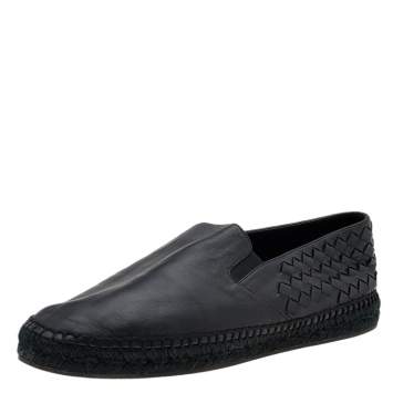 Pre Owned Bottega Veneta Black Intrecciato Leather Slip On Espadrilles Size 42