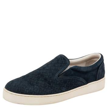 Pre Owned Bottega Veneta Navy Blue Intrecciato Suede Slip on Sneakers Size 41