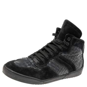 Pre Owned Bottega Veneta Black Suede And Intrecciato Leather High Top Lace Up Sneaker  Size 45