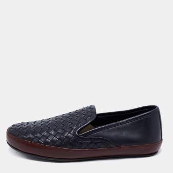 Pre Owned Bottega Veneta Navy Blue/Brown Intrecciato Leather Smoking Slippers Size 39