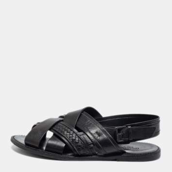 Pre Owned Bottega Veneta Black Intrecciato Leather Criss Cross Flat Sandals Size 41