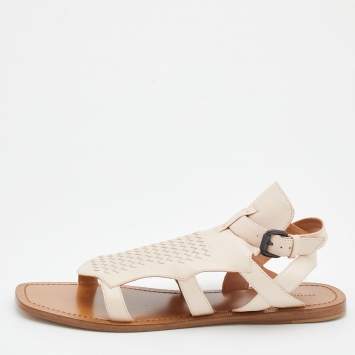 Pre Owned Bottega Veneta Light Beige Intrecciato Leather Slingback Flat Sandals Size 41