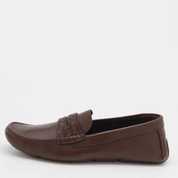 Pre Owned Bottega Veneta Brown Leather Wave Driver Intrecciato Detail Slip On Loafers Size 41