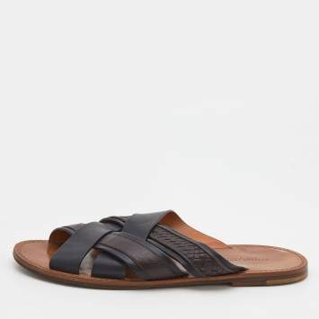Pre Owned Bottega Veneta Black/Dark Brown Leather Criss-Cross Flat Slide Sandals Size 43