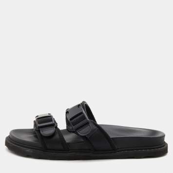 Pre Owned Bottega Veneta Black Fabric Logo Flat Slide Sandals Size 42
