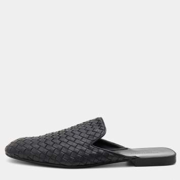Pre Owned Bottega Veneta Black Intrecciato Leather Fiandra Flat Mules Size 43