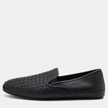Pre Owned Bottega Veneta Black Intrecciato Leather Slip On Loafers Size 44.5