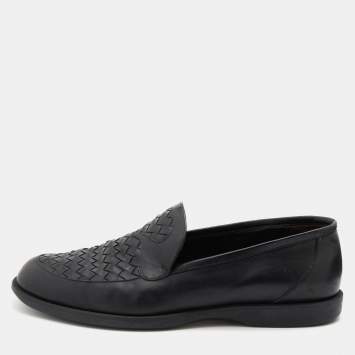 Pre Owned Bottega Veneta Black Intrecciato Leather Slip On Loafers Size 43