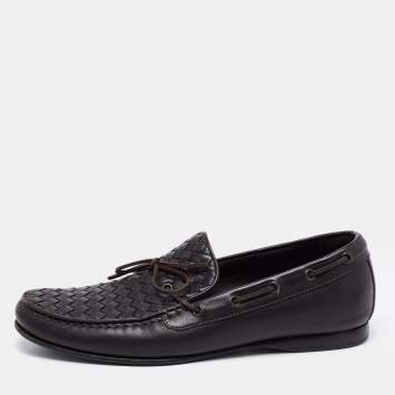 Pre Owned Bottega Veneta Dark Brown Intrecciato Leather Bow Loafers Size 43