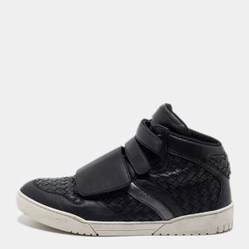 Pre Owned Bottega Veneta Black Intrecciato Leather Velcro Strap High Top Sneakers Size 43.5