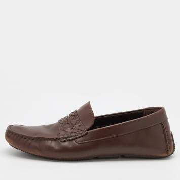 Pre Owned Bottega Veneta Brown Leather Wave Driver Intrecciato Penny Loafers Size 43