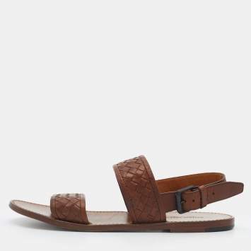 Pre Owned Bottega Veneta Brown Intrecciato Leather Flat Slingback Sandals Size 43
