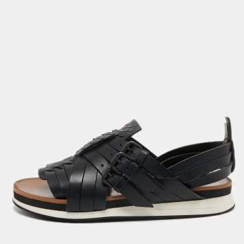 Pre Owned Bottega Veneta Black Intrecciato and Leather Criss Cross Flat Sandals Size 41