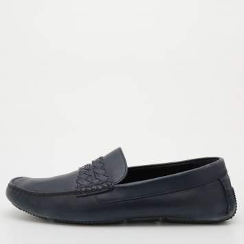Pre Owned Bottega Veneta Navy Blue Leather Wave Driver Slip On Loafers Size 44.5