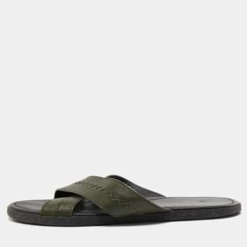 Pre Owned Bottega Veneta Green Leather Crisscross Flat Slides Size 44