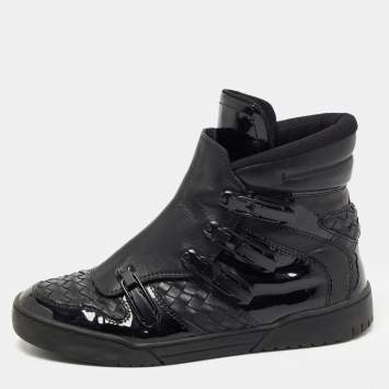 Pre Owned Bottega Veneta Black Woven Leather and Patent High Top Sneakers Size 41