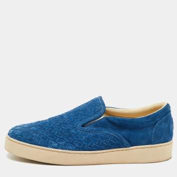 Pre Owned Bottega Veneta Blue Suede Intrecciato Low Top Sneakers Size 40.5