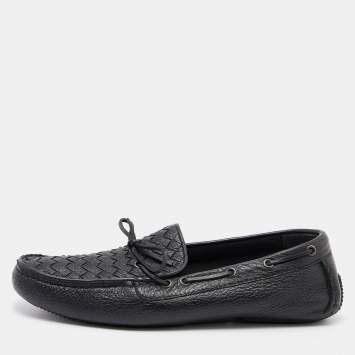 Pre Owned Bottega Veneta Black Intrecciato Leather Cervo Wave Driver Bow Slip On Loafers 41