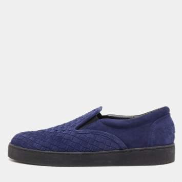 Pre Owned Bottega Veneta Navy Blue Suede Intrecciato Slip On Sneakers Size 44