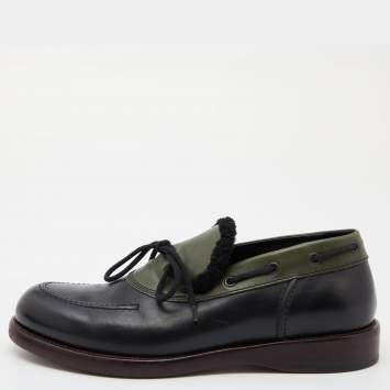 Pre Owned Bottega Veneta Black/Green Leather Slip On Loafers Size 42