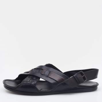 Pre Owned Bottega Veneta Black/Dark Brown Intrecciato Leather Criss Cross Flat Sandals Size 42.5