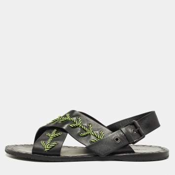 Pre Owned Bottega Veneta Black/Green Leather Criss Cross Flat Sandals Size 43