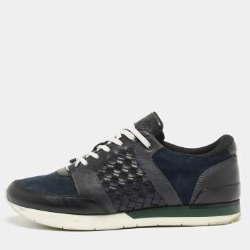 Pre Owned Bottega Veneta Navy Blue/Black Intrecciato Leather and Suede Lace Up Sneakers Size 43.5